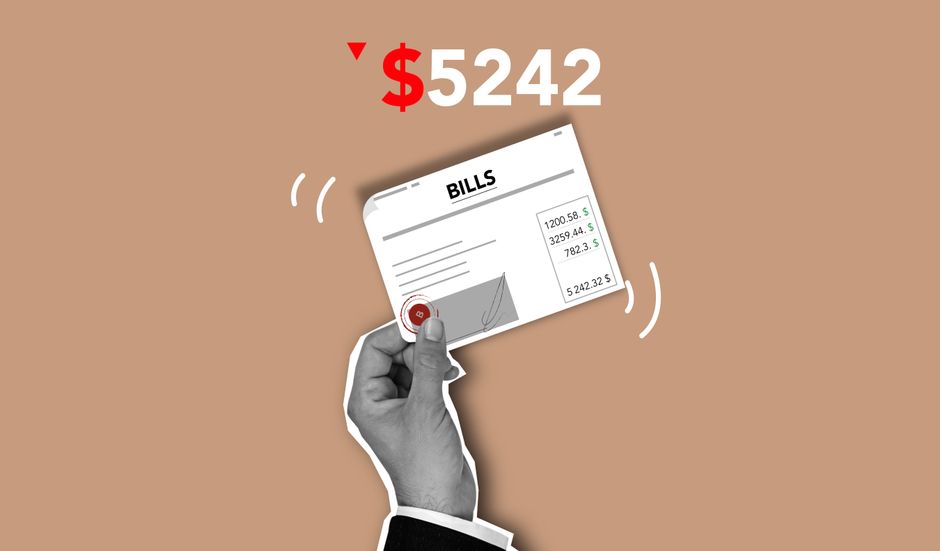 A black-and-white illustration of a human hand holding a bill outlined in red, with the hand positioned near the bottom left of the image against a plain beige background. The bill, labeled 'BILLS,' d