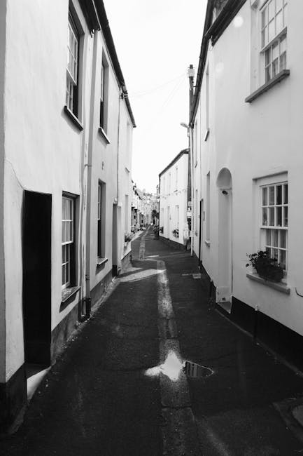 A narrow residential street during daytime featuring a mix of historic brick and white-painted houses, with potted plants and small trees on window sills and balconies, enclosed by black wrought iron railings on the right side. The pavement is uneven with concrete slabs and a drainage grate near the curb. A white building on the right, marked with a street name plaque, is in close proximity to the sidewalk. The scene captures the challenging urban environment for home relocation, with visible parts of a van or moving equipment not directly shown but implied by the context of house removals in a tight street, as handled by Man with Van Custom House. Bright natural lighting highlights the textures of brickwork and the smooth surfaces of the buildings, suggesting a clear day suitable for furniture transport and packing and moving activities.